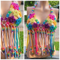 This kandi bra is made with glitter pony beads,stars and fringe. This Item glows under blacklight! This Item is premade and is ready to ship! Perfect for any event! You will get lots of compliments in this unique wearable art! Stand out at your next event! Edm festival  Raves Party  Rave outfit  Festival outfit Pride Mardi gras Glow party Rave gift  Lifestyle party ABC party Kandi Harness, Gogo Outfit, Rainbowcore Fashion, Beaded Harness, Gogo Outfits, Bead Top, Rave Outfits Festivals, Outfit Rave, Diy Kandi Bracelets