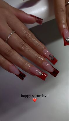 Red Nail Acrylic Ideas, Nails Acrylic Edgy, Fuerza Regida Nail Ideas, Nails Acrylic Designs Red, Red Set Nails, Nail Inspo 2024 Square, September Nails Square, Junior H Nails, Nail Art Aesthetic Red