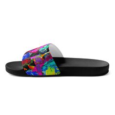 Multicolor Abstract Expression Pattern Women's slides. A must-have for the summer: these women’s slides. A pair of these will keep you comfy throughout your day of beach or pool activities, thanks to the cushioned upper strap and the textured footbed. • Cushioned and durable faux leather upper strap • Lightweight polyurethane (PU) outsole • Contoured, textured footbed • Stitched around the upper perimeter for extra durability • Spot clean only • Printed, cut, and handmade • Blank product sourced Multicolor Slip-on Slides For Summer, Comfortable Multicolor Slide Sandals, Black Open Toe Sandals For Pool, Non-slip Slide Slippers For Swimming, Multicolor Sport Sandals For Summer Beach, Casual Beach Slides In Synthetic, Non-slip Summer Sandals For Pool, Non-slip Synthetic Flip Flops For Pool, Summer Sandals With Textured Footbed For Poolside