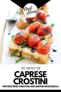 the cover of an article about caprese crostini with tomatoes and smoked mozzarella