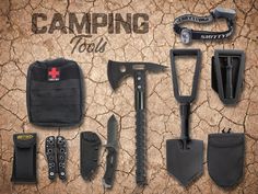 an assortment of camping tools and gadgets laid out in front of a cracked wall