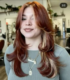 Full Head Copper Highlights, Fall Hair Curly Color, Burgundy Hair With Skunk Stripe, Brown Red And Orange Hair, Professional Dyed Hair, Cowboy Copper Hair Brunette With Money Piece, Red Hair Chunky Blonde Highlights, Copper Calico Hair, Red Black Blonde Highlights