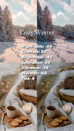 two photographs of coffee and cookies on a blanket in the snow, with text that reads cozy winter