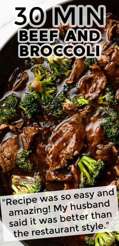 broccoli and beef in a skillet with the words 30 min beef and broccoli