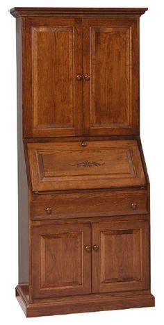 an old fashioned wooden desk with cupboards on it's top and bottom shelf