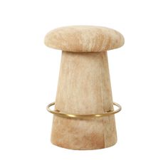 a wooden stool with a gold ring around it's leg and the seat up