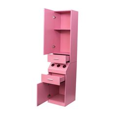 an open pink cabinet with drawers on the bottom and one drawer in the middle, against a white background