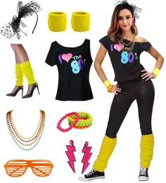 a woman is dressed in costume and accessories for the 80's or 90's