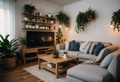 a living room filled with furniture and lots of plants on top of the shelves above