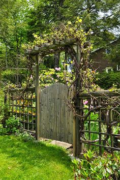 a wooden gate surrounded by lush green grass