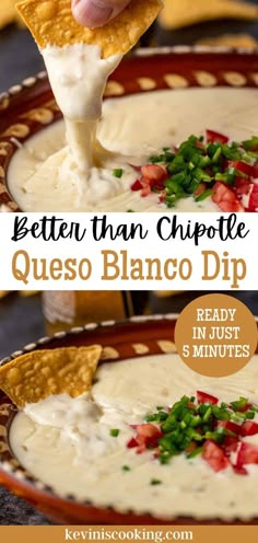 quesadilla dip being scooped into a bowl with tortilla chips on the side