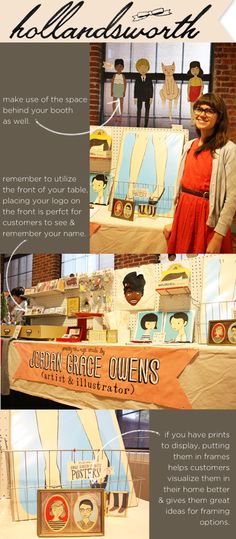 a woman standing in front of a table with pictures on it and an advertisement for the museum