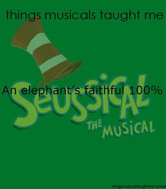 an elephant's hat with the words seussical on it, in front of a green background