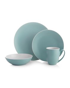 a set of blue dishes and cups on a white background