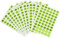 green and white stickers with the numbers on them are shown in four different sizes