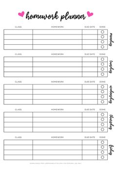 the printable homework planner with hearts on it