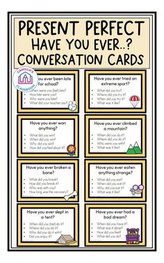 a poster with the words present perfect have you ever conversation cards