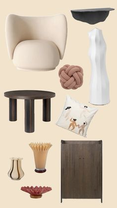 an assortment of furniture and accessories arranged on a beige background