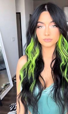 Dark Hair With Bright Colors Underneath, Like Green And Black Hair, Black And Vibrant Hair, Black Hair With Green Money Pieces, Low Maintenance Vivid Hair Color, Black Hair Green Money Piece, Peekaboo Hair Extensions, Black With Green Hair, Shego Hairstyle