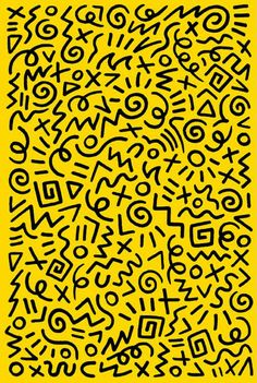 a yellow background with black letters and numbers on it's sides, all in different sizes