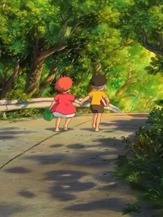 two children are walking down a path in the woods, one is holding hands with the other