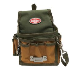 a green and brown bag with two zippers on the front, one has a metal hook