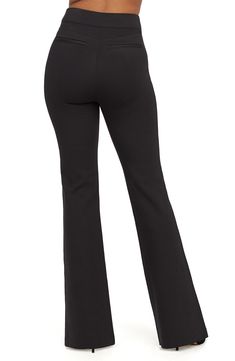 Comfy sophistication defines these high-waisted pants, made from supple ponte with leg-elongating pintucks and perfectly flared cuffs. Style Name:Spanx Flare Ponte Pants (Regular & Plus Size). Style Number: 5890631. Tailored Flare Black Pants, Black Tailored Flare Pants, Tailored Black Flare Pants, Chic Mid-rise High Stretch Pants, Chic High Stretch Mid-rise Pants, High Stretch Chic Mid-rise Pants, Sleek Tailored Flare Pants, Elegant High Stretch Straight Leg Bottoms, Chic Mid-rise Wide Leg Elastane Pants