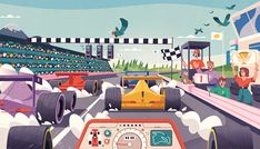 an animated race car driving down a track with people watching