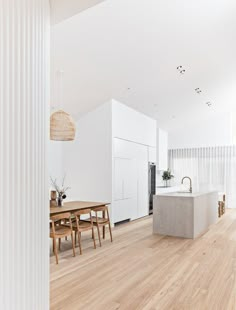 an open kitchen and dining room with white walls