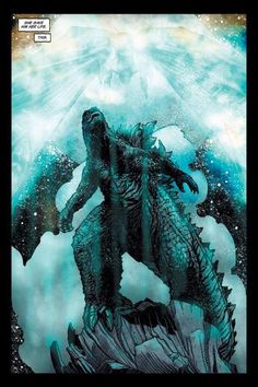 an image of a godzilla in the water with clouds and stars above it, as if he