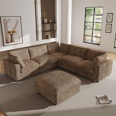 a living room with a sectional couch and ottoman