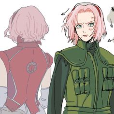 two anime characters with pink hair and green clothes