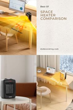 an advertisement for the best of space heater comparison by decorating com, featuring two chairs and a table