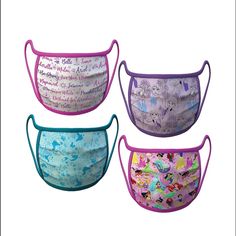 three face masks with different designs on them, one for children and one for adults