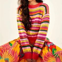 Beautiful Multicolor Crochet Sweater From Farm Rio. Nwt Multicolor Crochet, Crochet Videos Tutorials, Crochet Videos, Farm Rio, Crochet Sweater, Bright Color, Pink Yellow, Sweater Outfits, Color Change