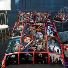 a bed with many different pictures on it