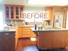 an open kitchen with wooden cabinets and stainless steel appliances in the center, before and after remodeling