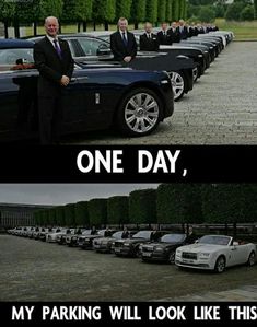 two pictures with one man standing in front of a row of parked cars and the other has