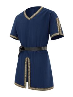 a women's blue dress with gold trimmings on the waist and shoulders