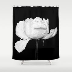 a black and white photo of a flower shower curtain with the image of a rose on it