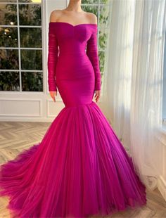 Mermaid Christmas Red Green Dress Evening Gown Elegant Dress Wedding Guest Wedding Party Court Train Long Sleeve Off Shoulder Tulle with Ruched Robe Fuchsia, Off Shoulder Tulle, Red Green Dress, Gown Elegant, Mermaid Christmas, Fuchsia Dress, Evening Dresses Online, Long Prom Gowns, Cheap Evening Dresses