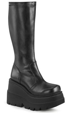 SHAKER-65 Black Matte Vegan Boots-Demonia-Tragic Beautiful Stretch Knee High Boots, Demonia Boots, Black Wedge Boots, Knee High Platform Boots, Demonia Shoes, Leather Knee Boots, Black Platform Boots, Black Wedge, Black Vegan