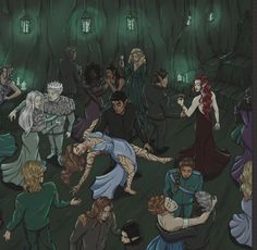 a painting of people dancing in a dark room with green walls and lights on the ceiling