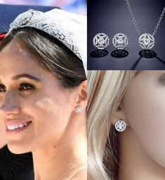 This pretty Meghan Markle replica stud earrings and necklace set features 5mm round brilliant cut CZ in the centre of the earrings and 2.8mm in the centre of the necklace. These are a replica of the earrings which she has worn on many occasions but most notably at her wedding. The matching necklace features the same size pendant with your choice of 16 or 18" sterling silver rolo chain with a lobster clasp.  The pendant and earrings are white gold plated. Really beautiful quality and amazing spar Meghan Markle Wedding, Earrings Necklace Set, Earrings And Necklace Set, Sparkle Wedding, Cubic Zirconia Earrings, Jewelry Card, Inspirational Celebrities, Zirconia Earrings, Wedding Jewelry Sets