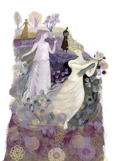 two women in white dresses are walking through the woods with flowers and trees around them