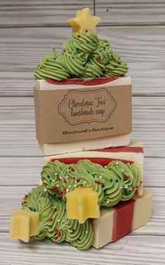 two christmas time handmade soaps stacked on top of each other