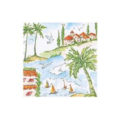 a drawing of a tropical island with palm trees and sailboats in the water, on a white background