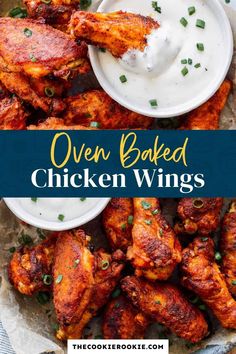 oven baked chicken wings with ranch dressing on the side and text overlay that reads oven baked chicken wings