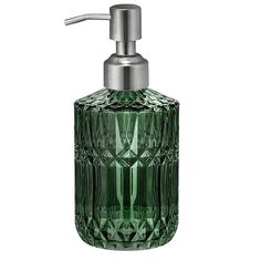 a green glass soap dispenser on a white background