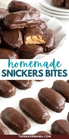 homemade snickkers bites on a white plate with text overlay that reads homemade snickkers bites